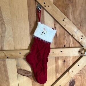New Poen Red knit Christmas Stockings, gold letter F Monogram, white fuzzy top